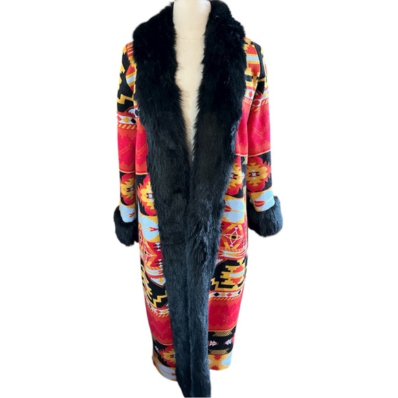 Midnight Velvet Sweaters - Midnight Velvet Boho Multicolor Penny Lane style Cardigan Coat Black Faux Fur M